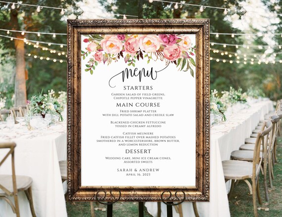 Blush Wedding Menu Sign, Floral Wedding Menu Poster, Wedding Menu Board, Instant Download, Templett, #A049