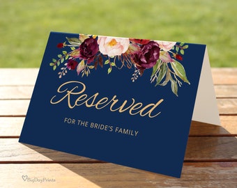 Navy Wedding Reserved Sign, Wedding Reserved Table Sign, Blue Reserved Card, Printable Reserved Sign, Burgundy, Marsala, Templett,  #A033