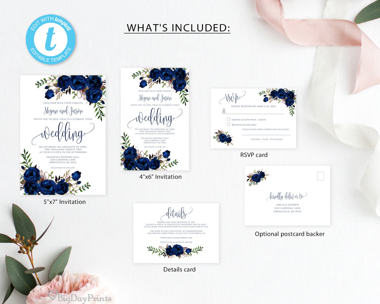 Navy Wedding Invitation Template Blue Wedding Invitation - Etsy