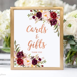 Rose Gold Cards and Gifts Sign, Gift Table Sign, Printable Wedding Sign, Gift Table Reception Sign, Floral Wedding Sign, Burgundy, #A087