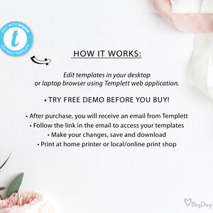 May include: A white background with pink and green floral accents. Text reads "HOW IT WORKS:" and explains how to edit templates using Templett web application. The text also says "TRY FREE DEMO BEFORE YOU BUY!" and lists steps for using the templates after purchase. The text ends with "BigDayPrints".