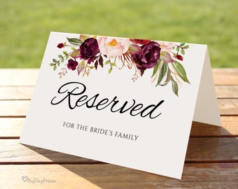 Burgundy Reserved Sign, Wedding Reserved Table Sign, Reserved Card, Printable Reserved Sign, Marsala Wedding Decorations, Templett, #A023