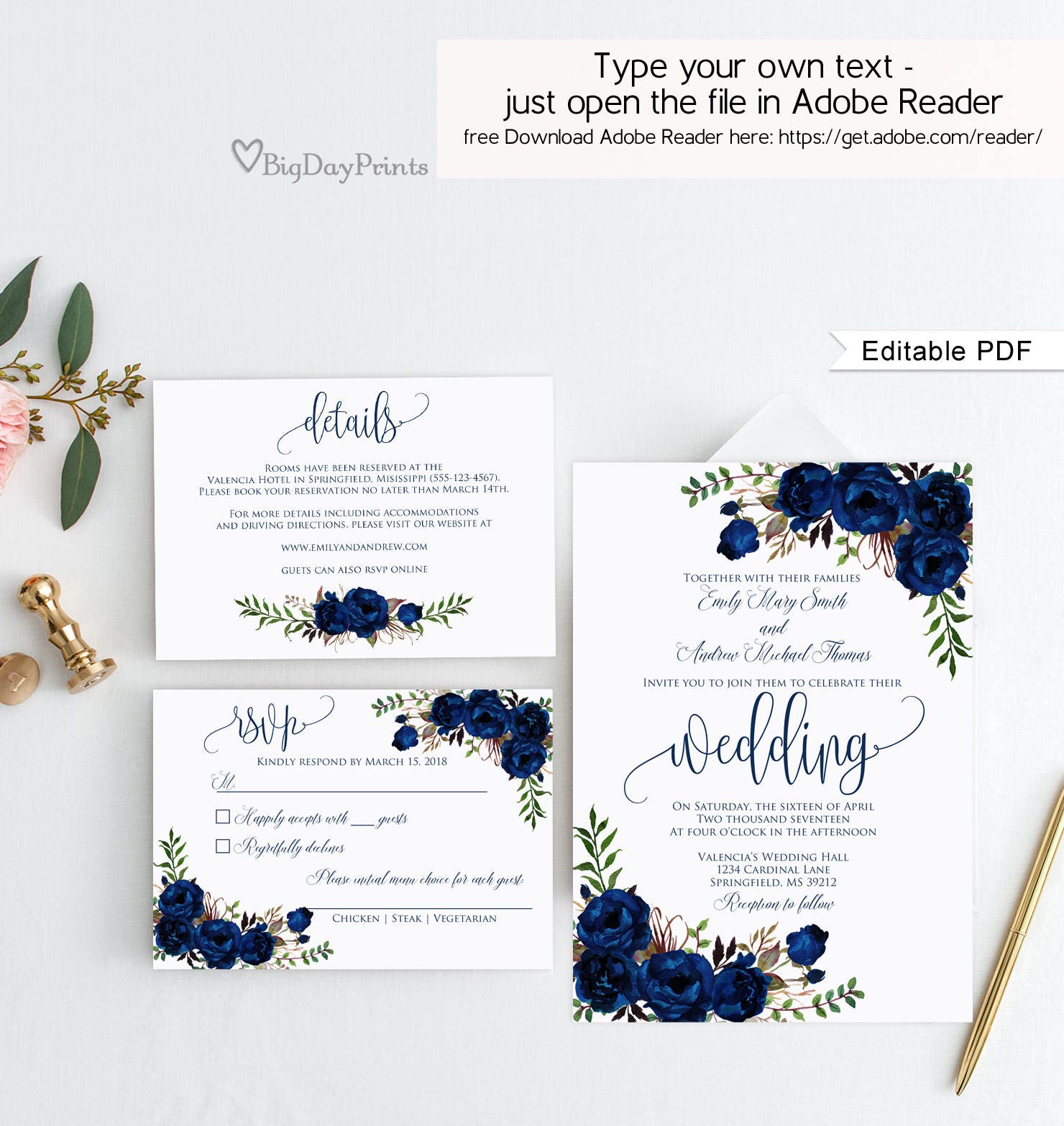 Navy Wedding Invitation Template Blue Wedding Invitation | Etsy