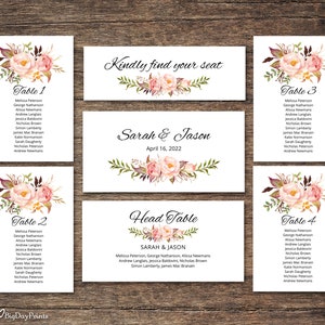 Floral Wedding Seating Chart Template, Seating Cards, Blush Wedding Table Plan, Templett, #A008