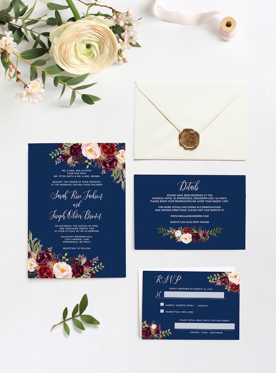 Navy Wedding Invitation Template Blue Wedding Invitation | Etsy