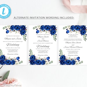 Blue Wedding Invitation Template, Royal Blue Wedding Invitation, Boho Chic Wedding Invitation Suite, Floral Wedding Set, Templett, A016 image 2