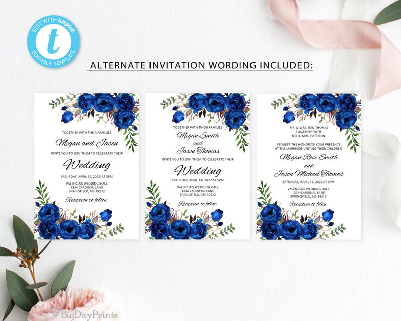 Blue Wedding Invitation Template, Royal Blue Wedding Invitation, Boho Chic Wedding Invitation Suite, Floral Wedding Set, Templett, A016 image 2