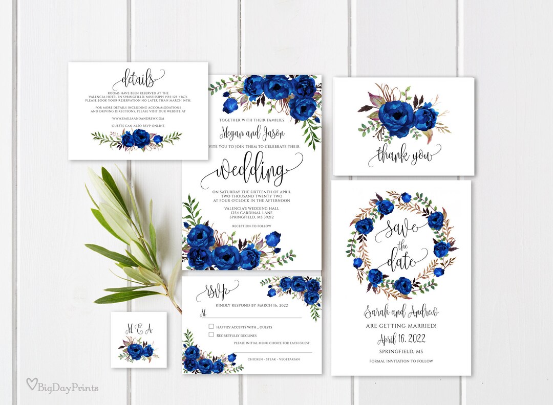 Royal Blue Wedding Invitation Template, Blue Wedding Invitation, Boho