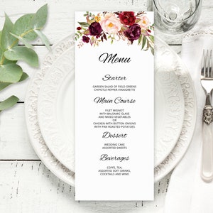 Modello di menu di nozze bordeaux, carta menu di nozze floreale, menu di nozze stampabile, Boho Chic, Borgogna e Blush, Templett, #A023