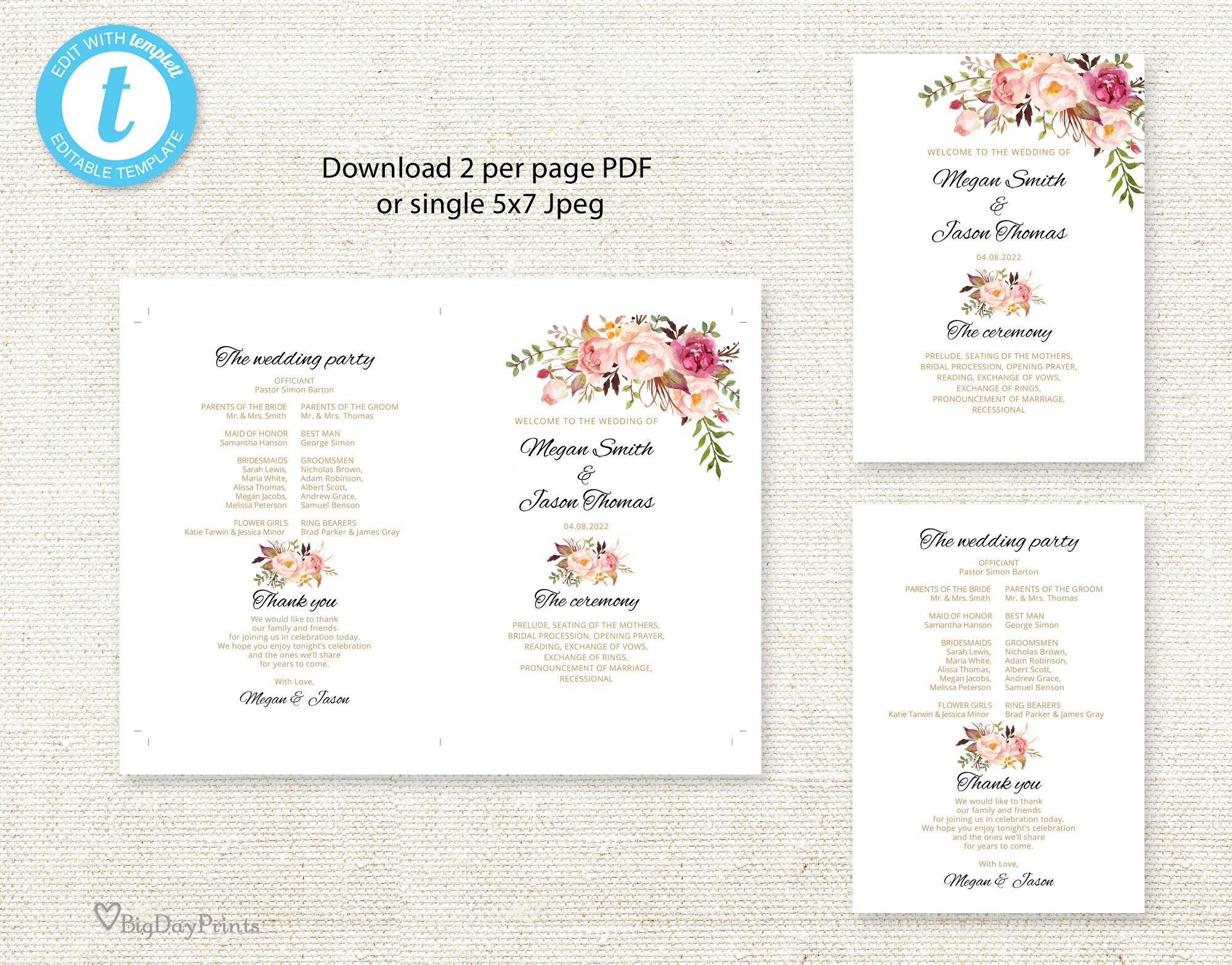 Fan Wedding Program Blush Wedding Program Template Ceremony Etsy Ireland