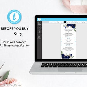 May include: A digital template for a wedding ceremony order of service with a blue floral design. The order of service includes the names of the bride and groom, the date of the wedding, and the order of the ceremony. The template can be edited online using the Templett application.