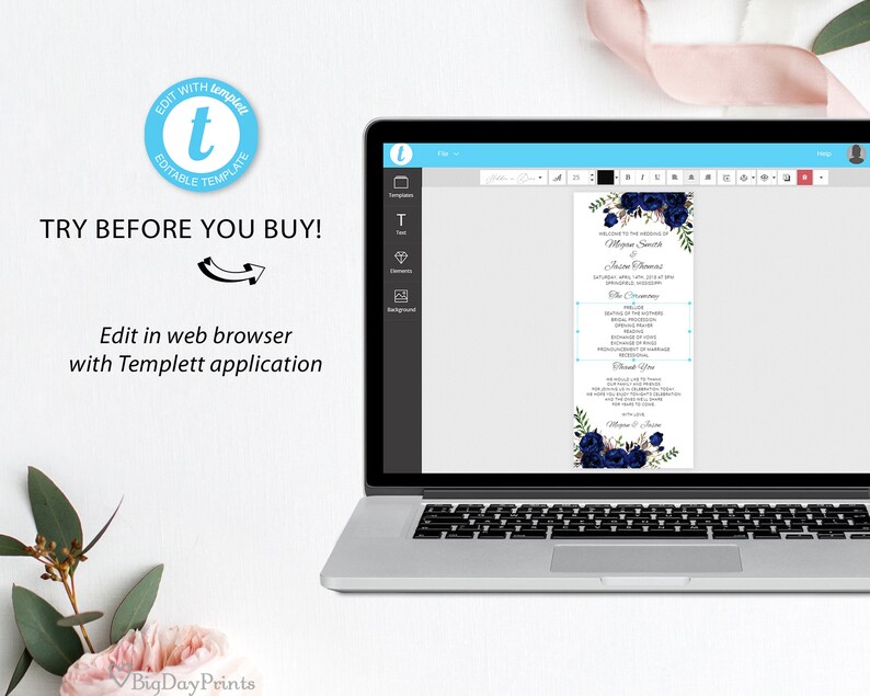 May include: A digital template for a wedding ceremony order of service with a blue floral design. The order of service includes the names of the bride and groom, the date of the wedding, and the order of the ceremony. The template can be edited online using the Templett application.