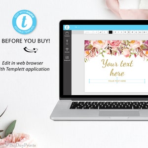 May include: A laptop screen displaying a digital template with a floral design and the text "Your text here". The template is editable with the Templett application.