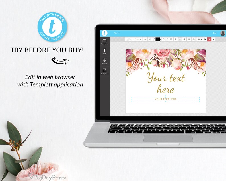 May include: A laptop screen displaying a digital template with a floral design and the text "Your text here". The template is editable with the Templett application.