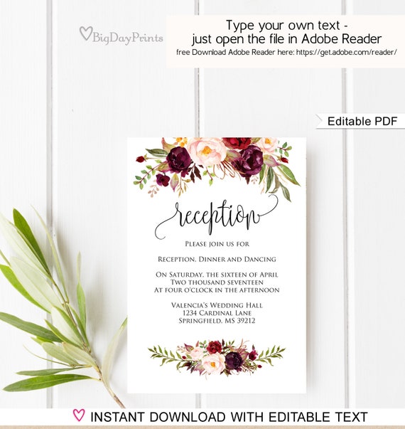Wedding Reception Card Template Wedding Reception Invitation Etsy