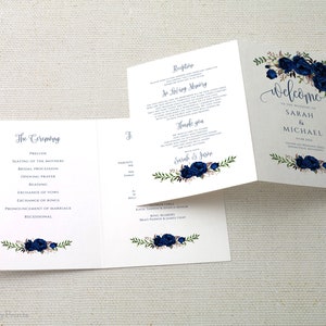 Blaues Hochzeitsprogramm, druckbares Hochzeitsprogramm, gefaltetes Hochzeitsprogramm, marineblaues Programm, Templett, #A089