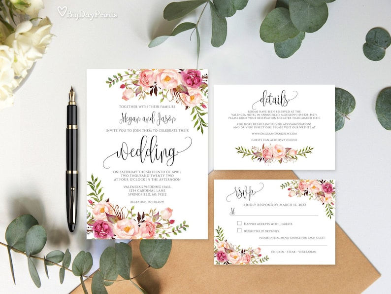 Blush Pink Wedding Invitation Template, Floral Wedding Invitation Suite, Boho Chic Wedding Set, Templett, #A049 image 1