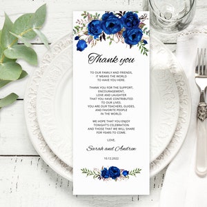 Royal Blue bruiloft dank u plaats kaart, bloemen bruiloft tafel dank u, dank u couvert, blauwe bloemen, Templett, #A016