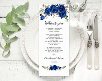 Tarjeta de lugar de agradecimiento de boda azul real, mesa de boda floral gracias, configuración de lugar de agradecimiento, flores azules, Templett, #A016