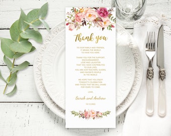Floral Wedding Thank You Place Card, Wedding Table Thank You Template, Blush and Gold Wedding Thank You Card, Templett, A010