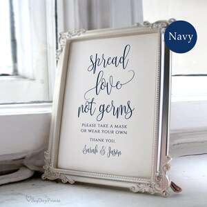 Mask Wedding Sign, Navy Wedding Sign, Spread Love Not Germs Sign, Sanitizing Station, Social Distancing Sign, Templett, #A123