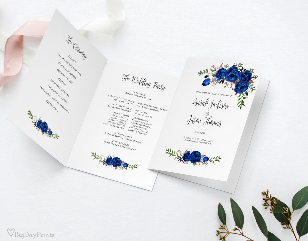 Royal Blue Wedding Program Template, Floral Wedding Ceremony Program ...