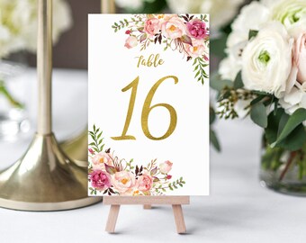 Non-editable Table Numbers, Floral Table Number, Printable Wedding Table Numbers, Blush Pink and Gold, 4"x6" 10x15 cm Instant Download #A010