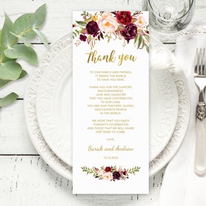Burgunderrote und Goldhochzeits-Dankeschön-Karte, Hochzeit-Dankeschön-Platzkarte, Hochzeittisch-Dankeschön, Dankeschön, Printable, Templett, A025