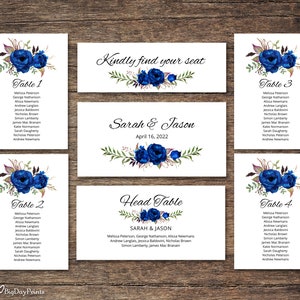 Modèle de plan de table de mariage bleu royal, cartes de salle, plan de table de mariage bleu, Templett, #A016