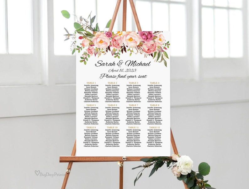 Blush Wedding Seating Chart Template, Boho Chic Wedding Table Plan, Templett, A008 image 1