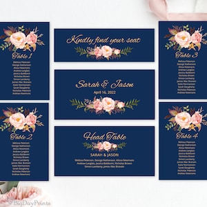 Navy Wedding Seating Chart Template, Blue and Pink Wedding Seating Cards, Floral Wedding Table Plan, Templett, #A011