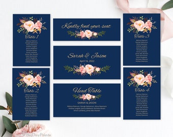 Navy Wedding Seating Chart Template, Blue and Pink Wedding Seating Cards, Floral Wedding Table Plan, Templett, #A011