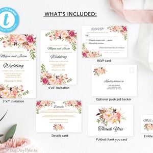 Floral Wedding Invitation Template, Boho Chic Wedding Invitation Suite, Wedding Set, Blush Pink Wedding Invitation, Templett, A008 image 2