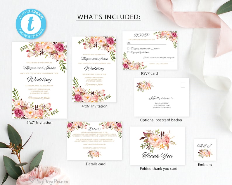 Floral Wedding Invitation Template, Boho Chic Wedding Invitation Suite, Wedding Set, Blush Pink Wedding Invitation, Templett, A008 image 2