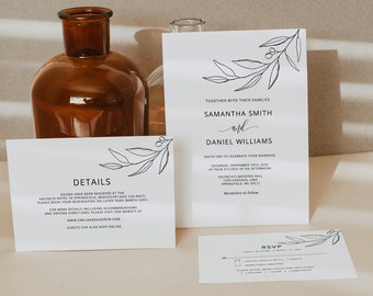 Modern Wedding Invitation Template, Botanical Wedding Invitation Suite, Olive Branch Wedding Invitation, Templett, #A110