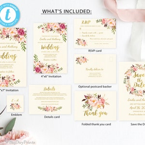 May include: A collection of wedding stationery featuring floral designs and gold text. Includes invitations, RSVP cards, a details card, a thank you card, and a save-the-date card. The invitations are 5x7 inches and 4x6 inches.