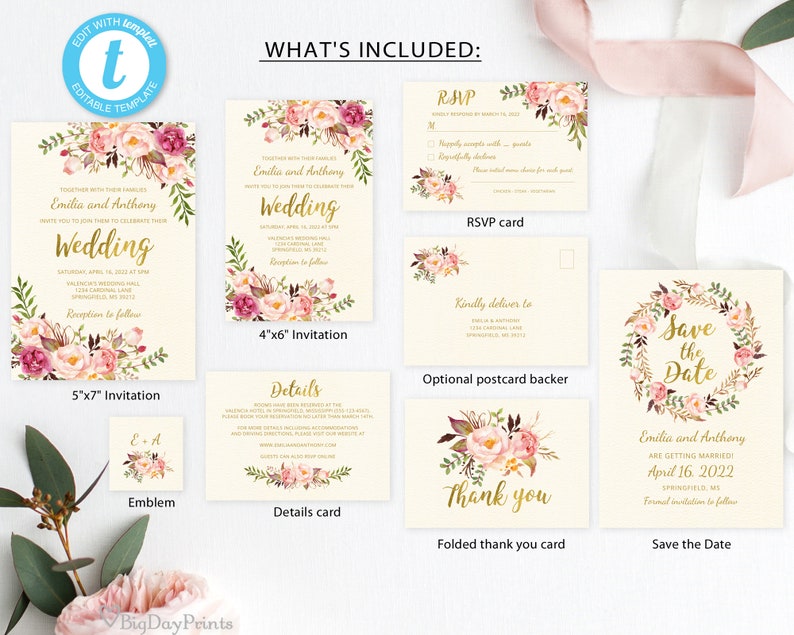 May include: A collection of wedding stationery featuring floral designs and gold text. Includes invitations, RSVP cards, a details card, a thank you card, and a save-the-date card. The invitations are 5x7 inches and 4x6 inches.