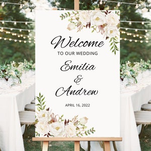 Floral Wedding Welcome Sign Template, Printable Wedding Reception Sign, White Flowers, Templett, #A053