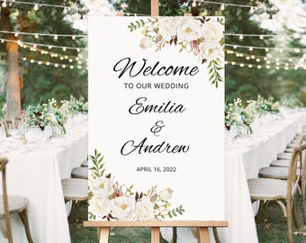 Floral Wedding Welcome Sign Template, Printable Wedding Reception Sign, White Flowers, Templett, #A053