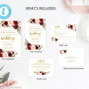 Marsala Wedding Invitation Template, Boho Chic Wedding Suite, Gold Foil