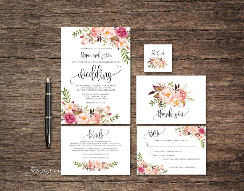 #A049 Wedding Invitation Template Templett Floral Wedding Invitation Suite Boho Chic Wedding Set Blush Wedding Invitation