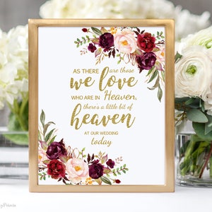 Hochzeit Erinnerungszeichen, Himmel Hochzeit Zeichen, Gedenktisch, jemand, den wir lieben ist im Himmel, In liebevoller Erinnerung, Burgund, Instant Download, A025