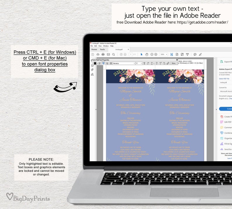 Wedding Program Template #A011 you personalize at home. Navy Ceremony Program Printable Wedding Program Printable Editable PDF