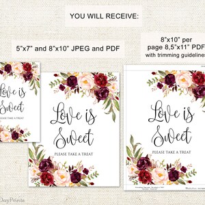 Love is Sweet Sign, Printable Wedding Sign, Love is Sweet Take a Treat Sign, Floral Wedding Sign, Instant Download, A047 image 2