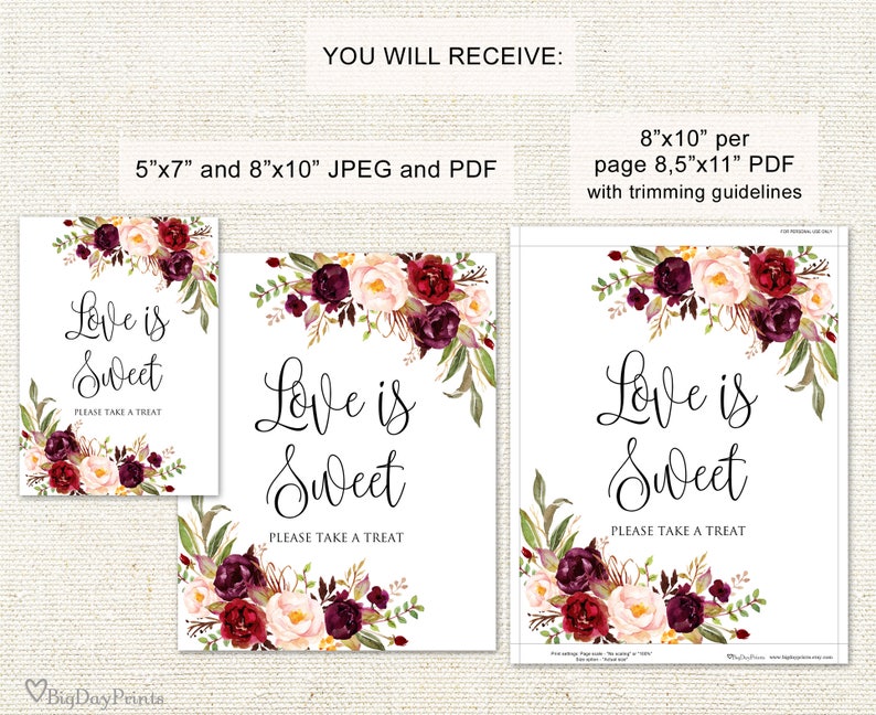 Love is Sweet Sign, Printable Wedding Sign, Love is Sweet Take a Treat Sign, Floral Wedding Sign, Instant Download, A047 image 2