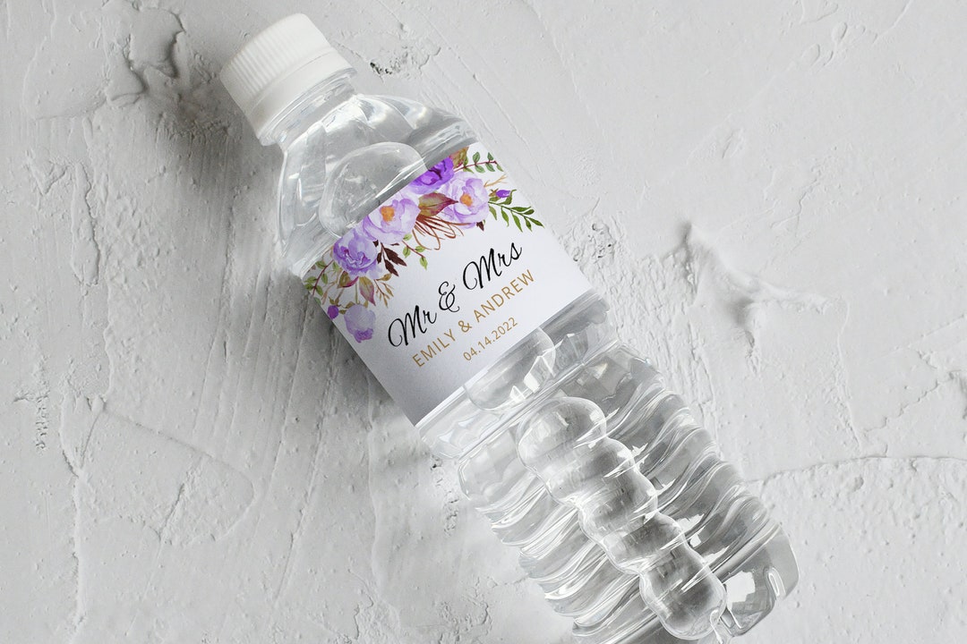 100 Personalized Purple Monogram Wedding Water Bottle Labels – Waterproof Ink
