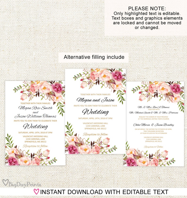 Floral Wedding Invitation Template Boho Chic Wedding Etsy