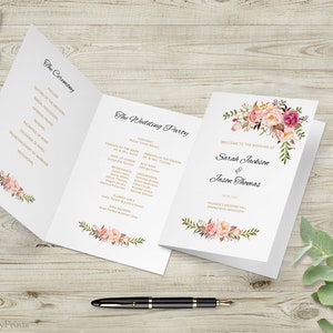 Plantilla de programa de boda rubor, programa de ceremonia imprimible, programa de boda plegable, Templett, #A008