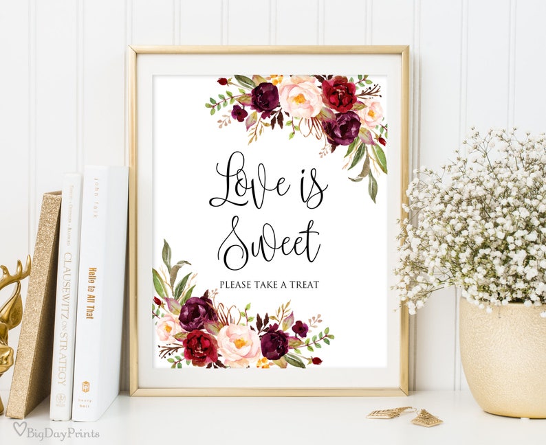 Love is Sweet Sign, Printable Wedding Sign, Love is Sweet Take a Treat Sign, Floral Wedding Sign, Instant Download, A047 image 1