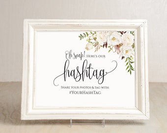 Hashtag Wedding Sign, White Wedding Hashtag Sign, Your Hashtag Sign, Hashtag Template, White Flowers, Templett, #A074